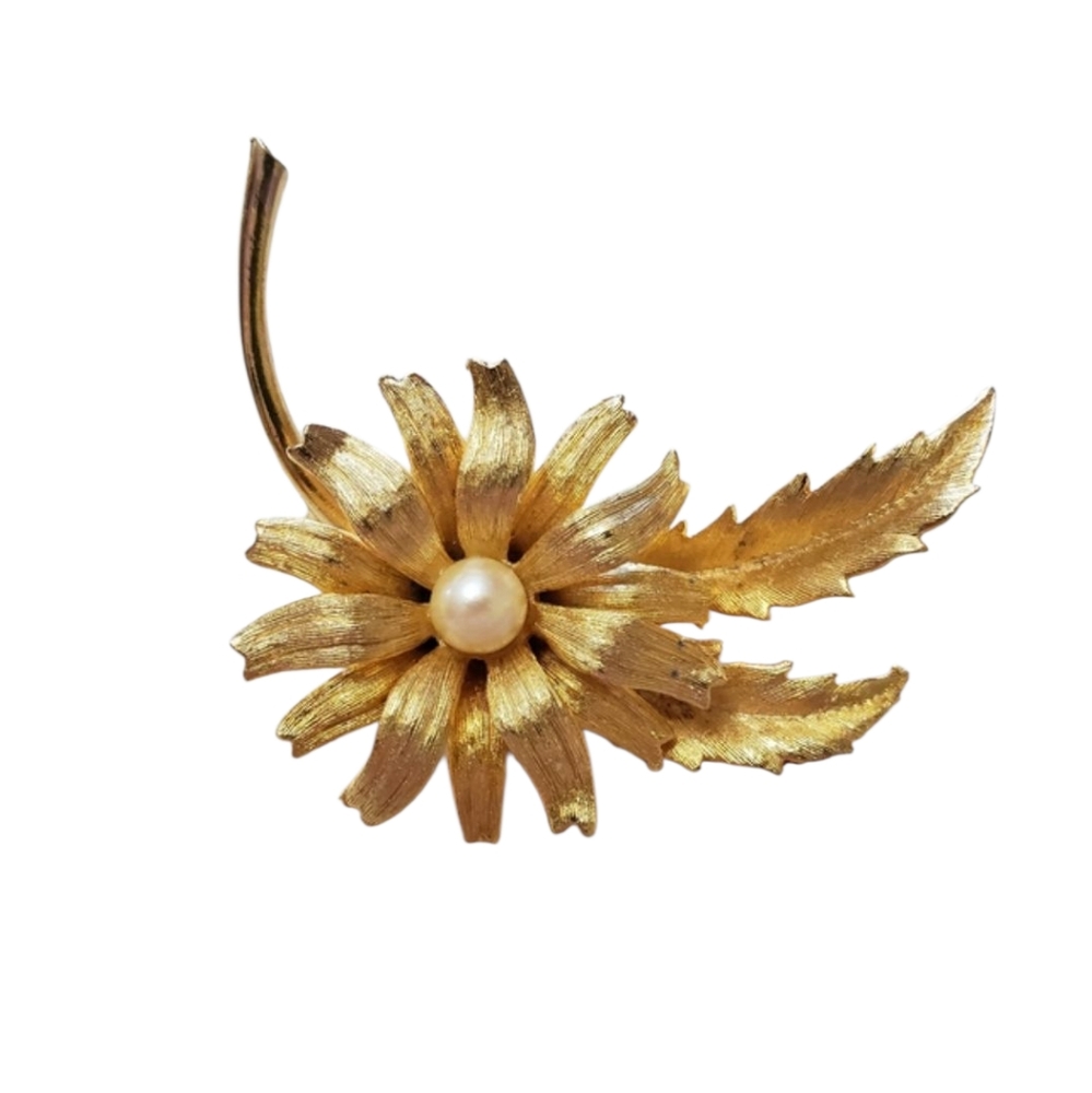Vintage Flower Pin 2” Faux Pearl Textured Gold Metal Leaves Stem Spin Lock